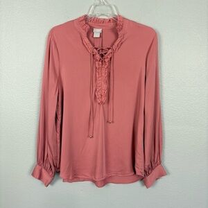 Chico’s Lace Up Ruffle Collar Modal Long Sleeve Blouse Mauve Pink Sz 1